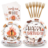 96 Pcs 1st Birthday Camping Party Plates and Napkins - Grencian
