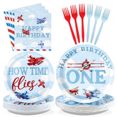 96 Pcs Airplane 1st Birthday Party Plates and Napkins - Grencian
