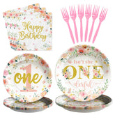 96 Pcs Baby Girl 1st Birthday Party Plates and Napkins - Grencian