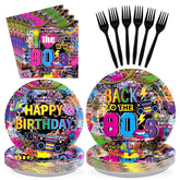 96 Pcs Back to The 80s Birthday Party Plates and Napkins - Grencian