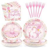 96 Pcs Ballerina 3rd Birthday Party Plates and Napkins - Grencian