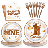 96 Pcs Bear First Birthday Party Plates and Napkins - Grencian