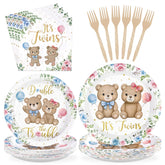 96 Pcs Bear Twin Baby Shower Party Plates and Napkins - Grencian