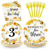 96 Pcs Bee 3rd Birthday Party Plates and Napkins - Grencian