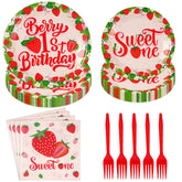 96 Pcs Berry First Birthday Paper Plates and Napkins - Grencian