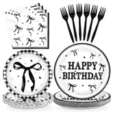 96 Pcs Black Bow Birthday Party Plates and Napkins - Grencian