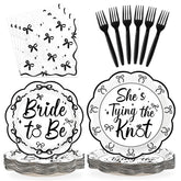 96 Pcs Black Bow Bridal Shower Party Plates and Napkins - Grencian