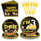 96 Pcs Black Construction 3rd Birthday Party Plates and Napkins - Grencian