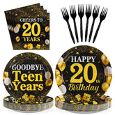 96 Pcs Black Gold 20th Birthday Party Plates and Napkins - Grencian