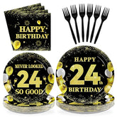 96 Pcs Black Gold 24th Birthday Party Plates and Napkins - Grencian