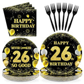 96 Pcs Black Gold 26th Birthday Party Plates and Napkins - Grencian