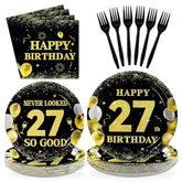96 Pcs Black Gold 27th Birthday Party Plates and Napkins - Grencian