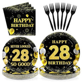 96 Pcs Black Gold 28th Birthday Party Plates and Napkins - Grencian