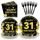 96 Pcs Black Gold 31st Birthday Party Plates and Napkins - Grencian