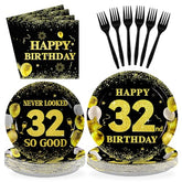 96 Pcs Black Gold 32nd Birthday Party Plates and Napkins - Grencian