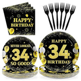 96 Pcs Black Gold 34th Birthday Party Plates and Napkins - Grencian