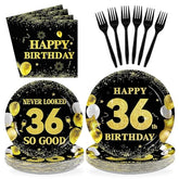 96 Pcs Black Gold 36th Birthday Party Plates and Napkins - Grencian