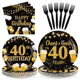 96 Pcs Black Gold 40th Birthday Party Plates and Napkins - Grencian