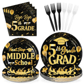 96 Pcs Black Gold 5th Grade Graduation Party Plates and Napkins - Grencian