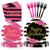 96 Pcs Black Pink Stripe Birthday Party Plates and Napkins - Grencian