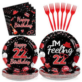 96 Pcs Black Red 22nd Birthday Party Plates and Napkins - Grencian