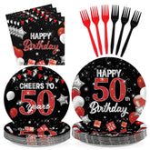 96 Pcs Black Red 50th Birthday Party Plates and Napkins - Grencian