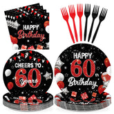 96 Pcs Black Red 60th Birthday Party Plates and Napkins - Grencian