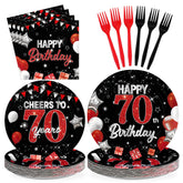 96 Pcs Black Red 70th Birthday Party Plates and Napkins - Grencian