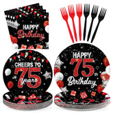 96-teiliges Set aus schwarzen und roten Tellern und Servietten für eine Party zum 75. Geburtstag