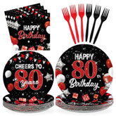 96 Pcs Black Red 80th Birthday Party Plates and Napkins - Grencian