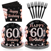96 Pcs Black Rose Gold 60th Birthday Party Plates and Napkins - Grencian