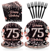 96 Pcs Black Rose Gold 75th Birthday Party Plates and Napkins - Grencian
