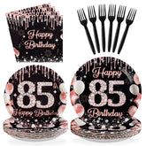 96 Pcs Black Rose Gold 85th Birthday Party Plates and Napkins - Grencian