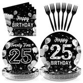 96 Pcs Black Silver 25th Birthday Party Plates and Napkins - Grencian