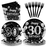 96 Pcs Black Silver 30th Birthday Party Plates and Napkins - Grencian