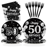96 Pcs Black Silver 50th Birthday Party Plates and Napkins - Grencian