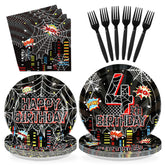96 Pcs Black Spider 4th Birthday Party Plates and Napkins - Grencian