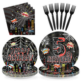 96 Pcs Black Spider 5th Birthday Party Plates and Napkins - Grencian