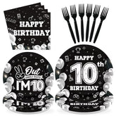 96 Pcs Black White 10th Birthday Party Plates and Napkins - Grencian