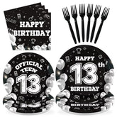 96 Pcs Black White 13th Birthday Party Plates and Napkins - Grencian