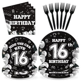 96 Pcs Black White 16th Birthday Party Plates and Napkins - Grencian