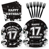 96 Pcs Black White 17th Birthday Party Plates and Napkins - Grencian