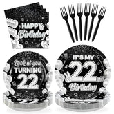 96 Pcs Black White 22th Birthday Party Plates and Napkins - Grencian