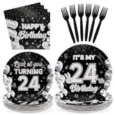 96 Pcs Black White 24th Birthday Party Plates and Napkins - Grencian