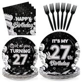 96 Pcs Black White 27th Birthday Party Plates and Napkins - Grencian