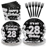 96 Pcs Black White 28th Birthday Party Plates and Napkins - Grencian