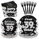 96 Pcs Black White 39th Birthday Party Plates and Napkins - Grencian