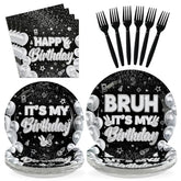 96 Pcs Black White Birthday Party Plates and Napkins - Grencian