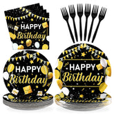 96 Pcs Black and Gold Birthday Party Plates and Napkins - Grencian