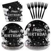 96 Pcs Black and Silver Birthday Party Plates and Napkins - Grencian